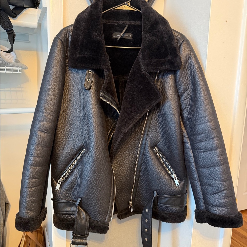 Zara Black Leather Jacket with Shearling Collar